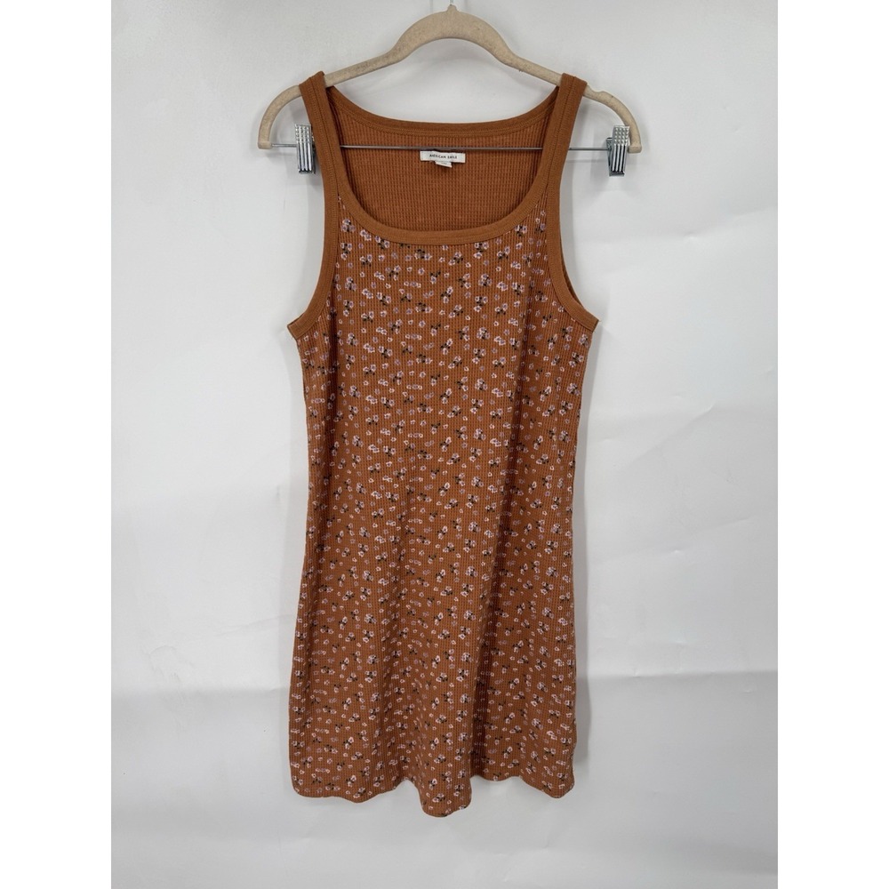 American Eagle Waffle Knit Mini Tank Dress Women M Brown Floral Coquette Cottage